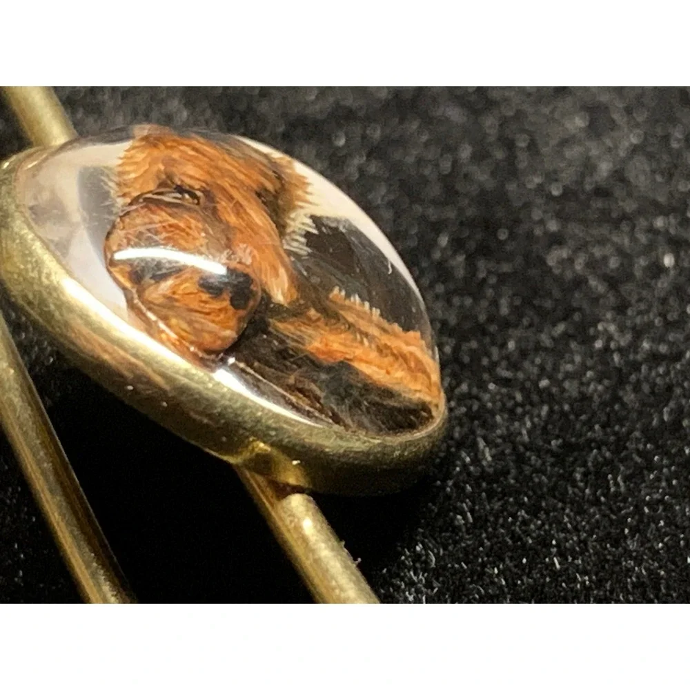 Antique 14K Gold Essex Crystal Airedale Terrier Dog Reverse Intaglio Bar Pin